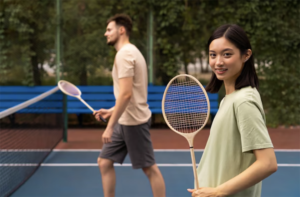 girl smiling and playing badminton